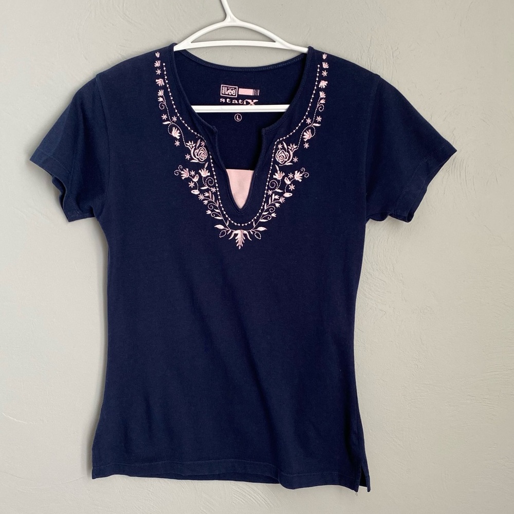 LEE Navy Blue Shirt with Pink Embroidery Short Sleeves